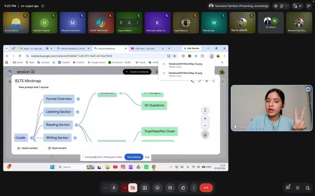 AI for Learning session with Tamreena Tashfeen sharing NotebookLM content on Google Meet