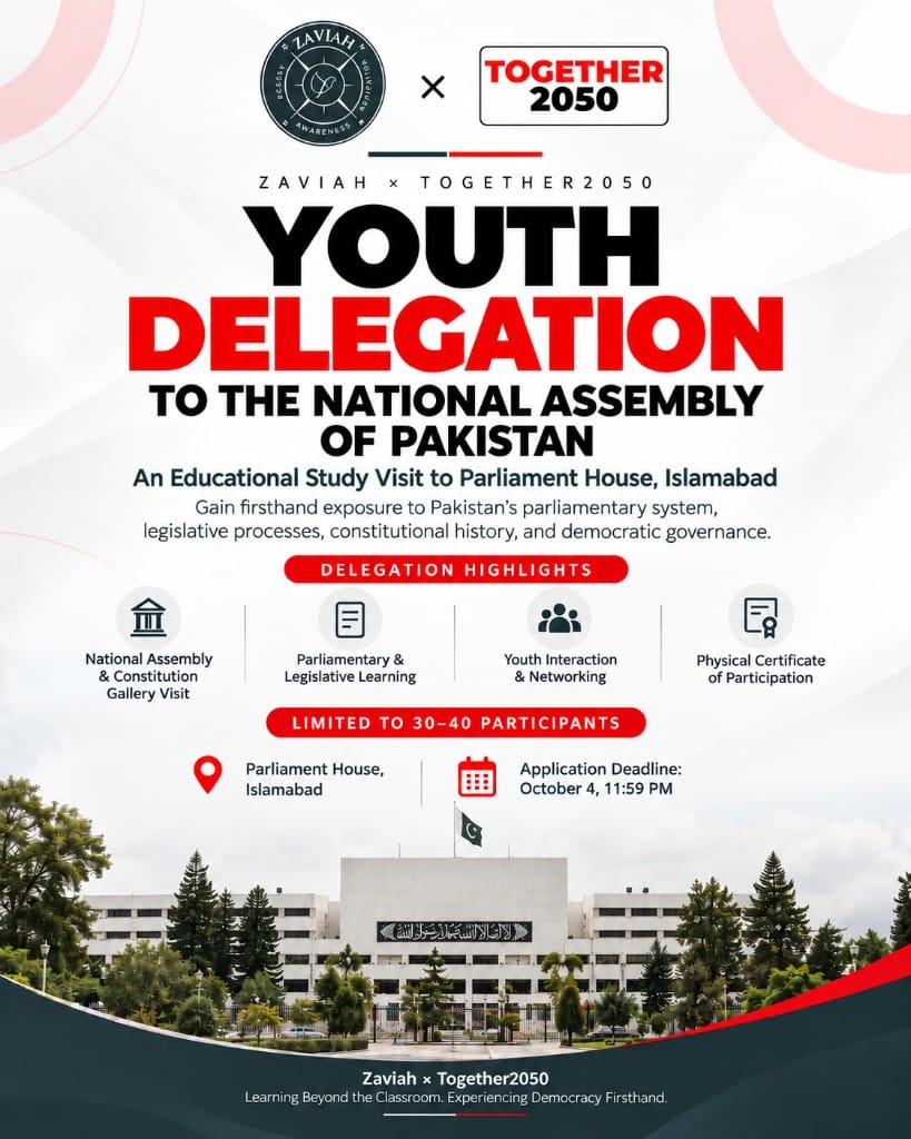 Zaviah × Together2050 announcement for the Youth Delegation to the National Assembly of Pakistan